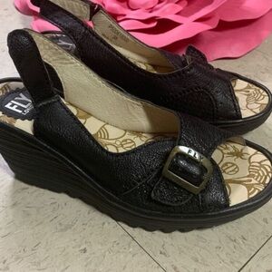 FLY London (yaga) black leather wedge sandals. NWT. Size 6.5 / 37.